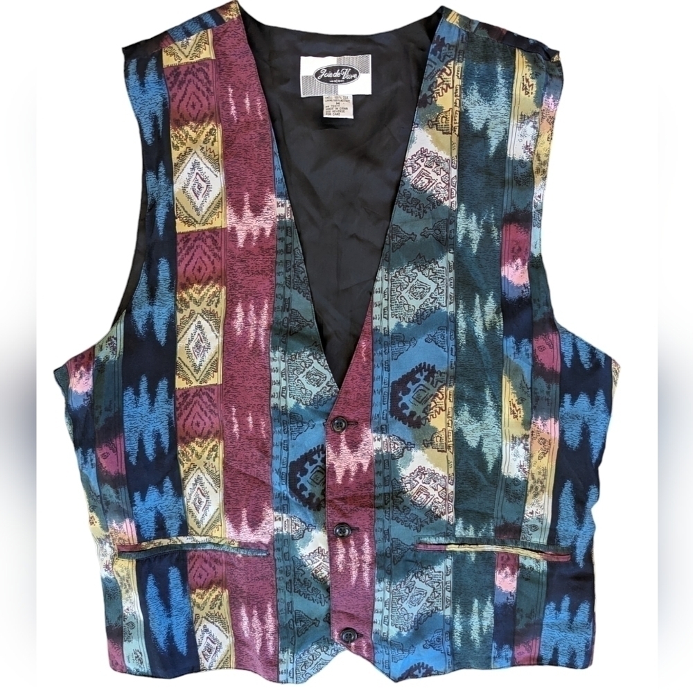 Beautiful Vintage Joie de Vivre Silk Patchwork Boho Tribal Vest Size M
